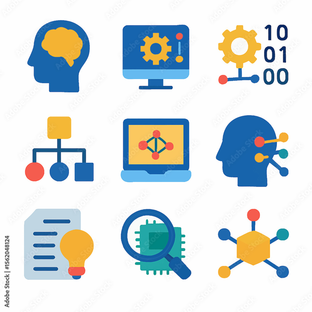 Poster artificial intelligence icons depicting machine learning and neural networks