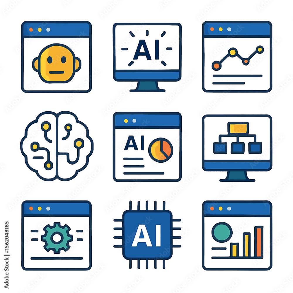 Poster artificial intelligence icons depicting neural networks, data analysis and machine learning