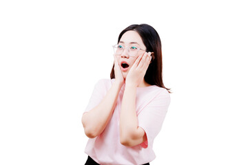 A surprised Asian Young beautiful woman expressing shock with her hands on her face.