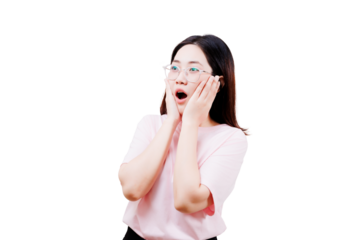 A surprised Asian Young beautiful woman expressing shock with her hands on her face.