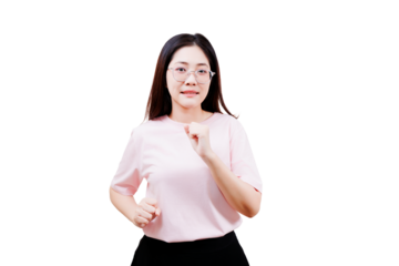 Asian Young beautiful woman wearing glasses smiles and gestures while standing in a light pink shirt.