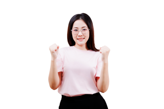 Cheerful Asian Young beautiful woman celebrating with raised fists and a big smile.