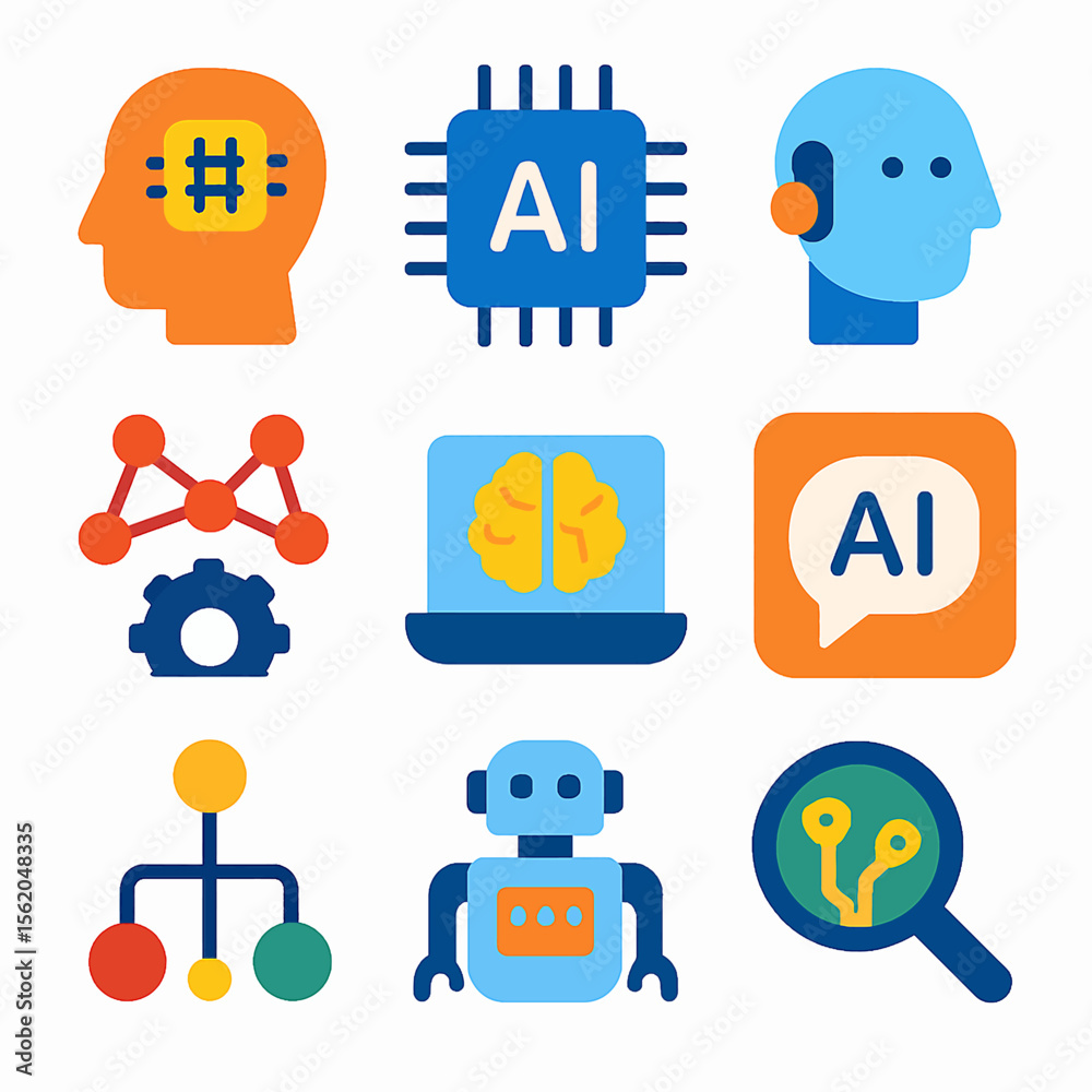 Poster artificial intelligence icons representing machine learning and neural networks