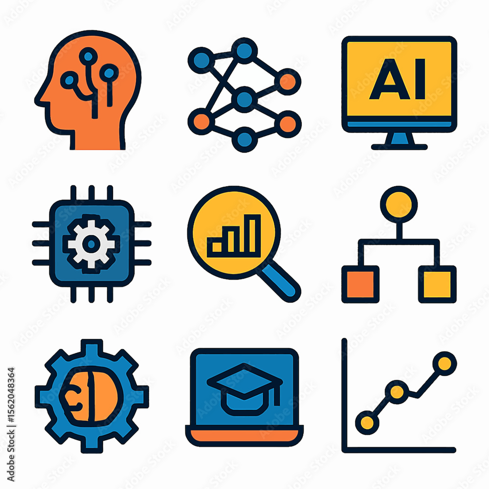 Poster artificial intelligence icons set depicting technology and machine learning elements