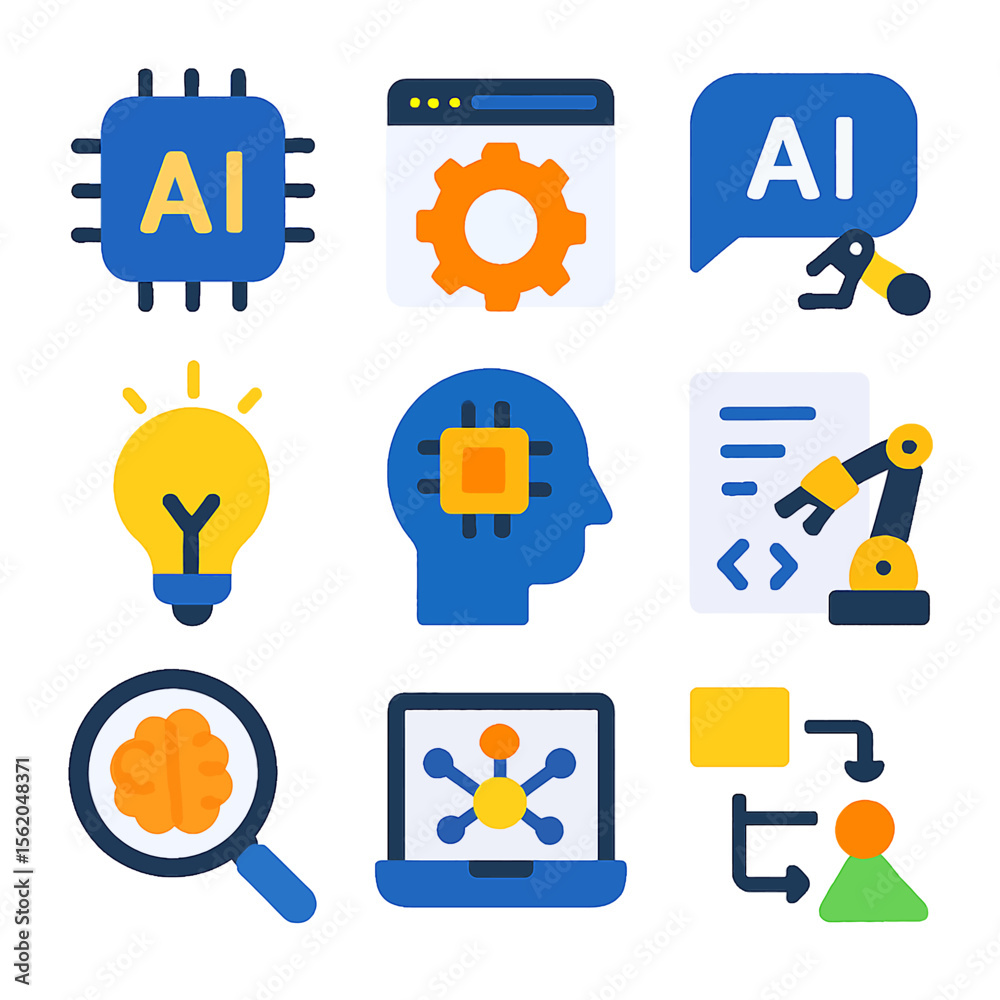 Poster artificial intelligence icons set featuring machine learning and automation concept