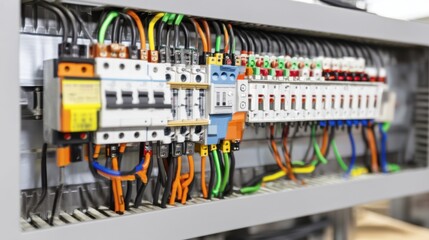 Detailed electrical control panel with colorful wires, circuit-breakers, and relays, showcasing organized terminal blocks and vibrant connections in a technical setup.