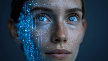 AI cybersecurity platform concept featuring closeup of woman face with blue digital eye and futuristic technology overlay using advanced AI digital - Powered by Adobe