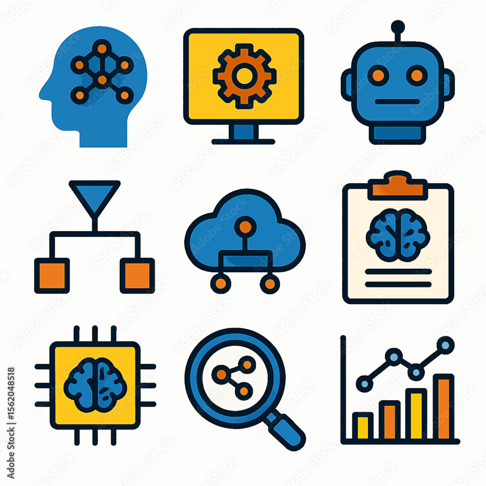 Poster artificial intelligence icons showcase digital innovation and machine learning progress