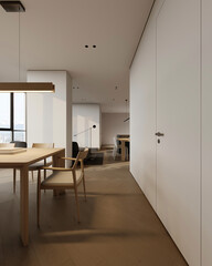 Open space living room and kitchen interior with large windows, cozy sofa, dining table and hardwood flooring. Modern design solution, 3d rendering