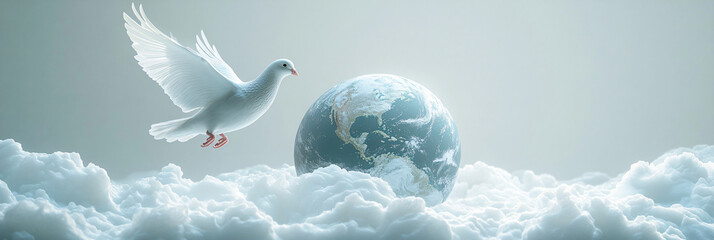 White dove fly in the clouds in front of planet Earth, representing peace and planetary protection. The composition embodied environmental preservation and the celebration of Earth Day.