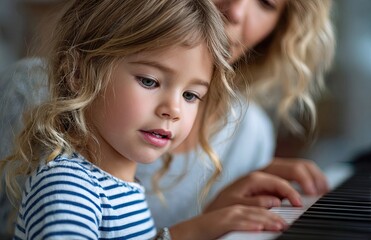 A cute little girl wearing blue and white striped short sleeves is playing the piano with her mother