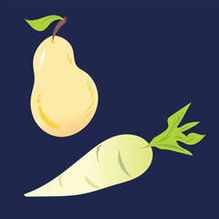 Pear fruit and daikon radish vegetable colorful simple illustration drawing isolated on square background.