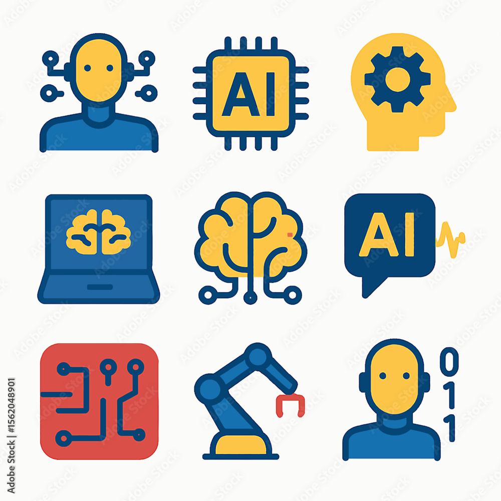 Poster artificial intelligence vector icons depicting robotic technology and machine learning
