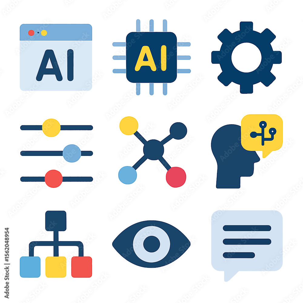 Poster artificial intelligence vector icons set featuring machine learning and automation