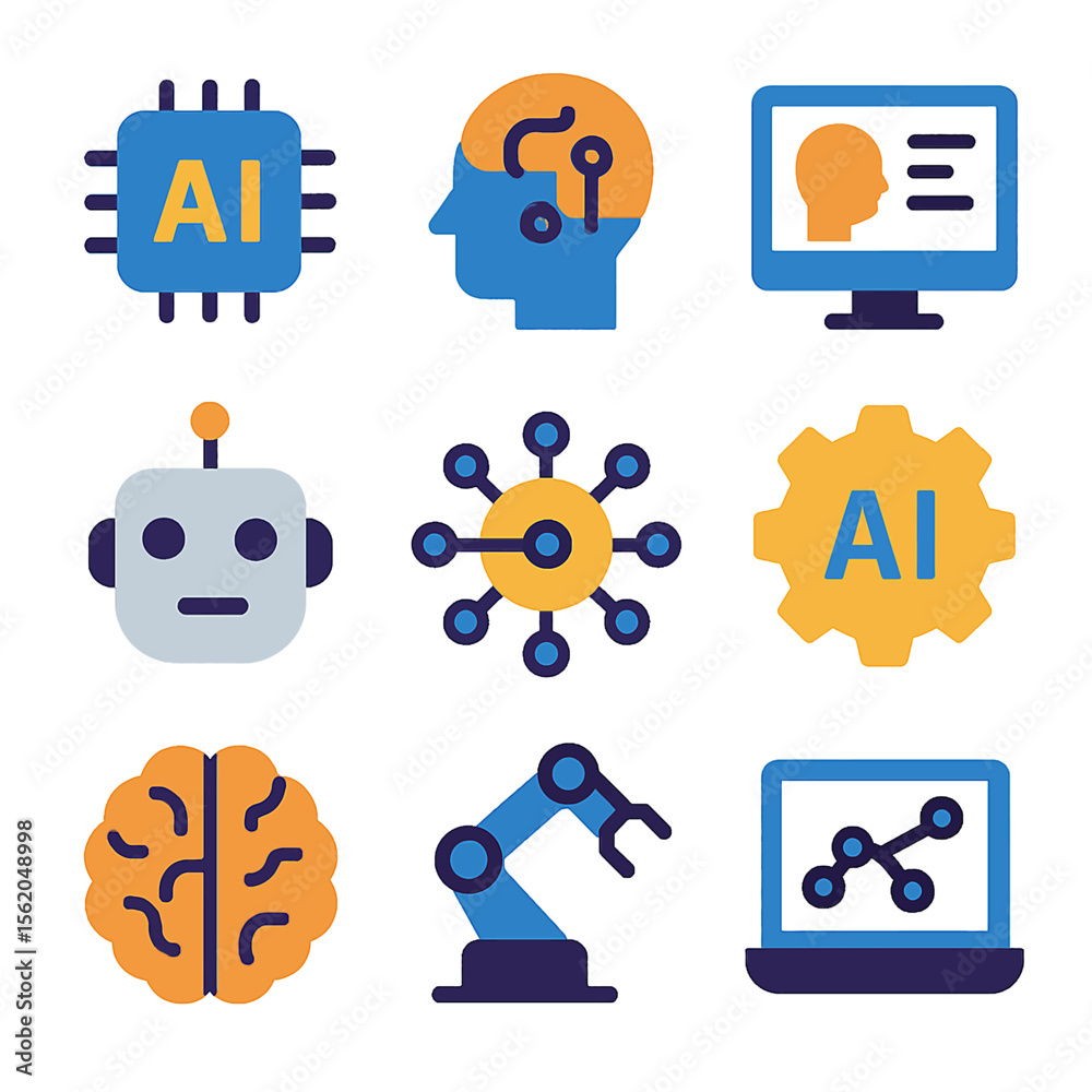 Poster collection of flat icons representing various aspects of artificial intelligence, including ai chip,