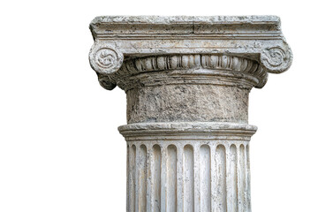 Close-up of an ancient weathered stone column with intricate carvings, showcasing architectural detail. background removed