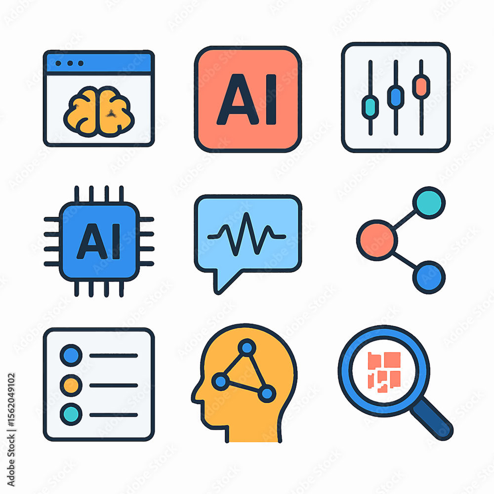 Poster artificial intelligence vector icons showcasing machine learning and neural networks