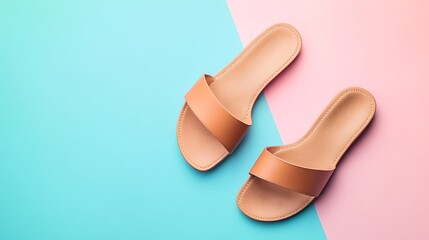 Tan Leather Slide Sandals on Pink and Turquoise Background, Summer Fashion Footwear Still Life