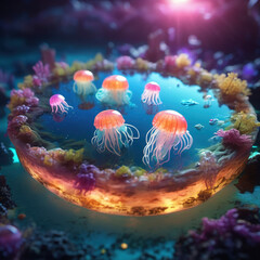 Tilt-Shift Miniature Floating Jellyfish Lagoon Photogrammetry Art