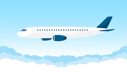 Fototapeta premium Airplane flying over the clouds in flat style. Plane fly in blue sky. Vector stock