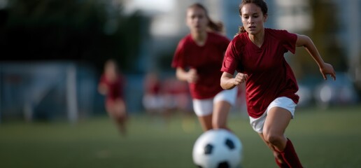 Fototapeta premium Female soccer players are captured in intense match action on a green field. Concept of teamwork, athleticism, and competition in women sports.