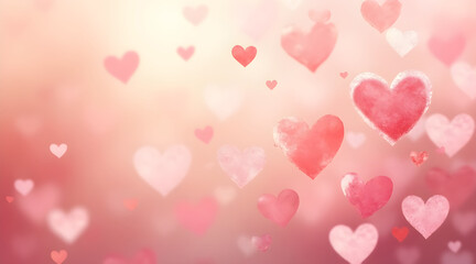 Soft focus pink and red hearts floating against a warm gradient background