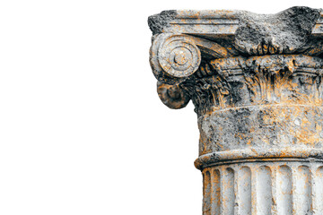 Close-up of an ancient, weathered stone column capital, showcasing intricate details and the passage of time. background removed