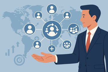 Businessman managing customer retention network. Concept of acquiring new clients, partnerships, and business growth. Global expansion strategy with world map. CRM vector illustration.