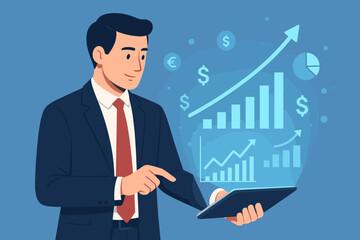 Businessman analyzing stock market, currency exchange on tablet. Virtual hologram with growing statistics, graph, chart. Financial technology, business growth, banking, investment concept.
