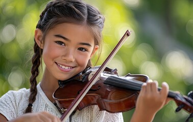 A young girl playing the violin, she is smiling and wearing a blue dress with white dots.