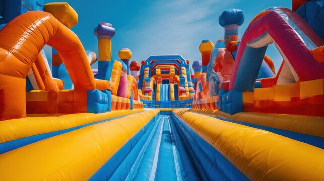 A vibrant and expansive inflatable play structure with slides, tunnels, and obstacles under a clear blue sky, promising active fun.