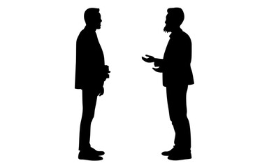 Silhouette of two men in business suits, standing apart, seemingly conversing.