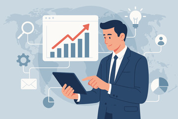 Business intelligence and digital marketing concept. Businessman analyzing sales data and financial growth graph on tablet. Global strategy with modern interface, icons, solution.