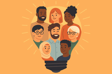 Diverse group of people forming a light bulb shape. Concept of teamwork, collaboration, creativity, innovation, and brainstorming. Multicultural team with a collective idea. Diversity.