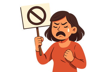 Woman protesting against violence, abuse and mistreatment. Emotional crying activist holding a stop sign. Vector concept of fighting for rights, domestic violence, harassment.