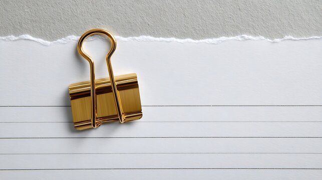 A gleaming gold binder clip secures a torn edge of textured gray paper onto a lined white notepad