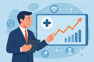 Healthcare business growth analysis. Businessman in suit analyzing rising medical data graph with healthcare network icons, stethoscope, heart rate, pills. Modern flat vector illustration.