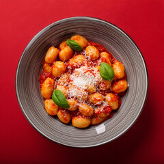 Delicious Italian gnocchi served with rich tomato sauce, grated cheese, and fresh parsley in a grey bowl on a vibrant red background.