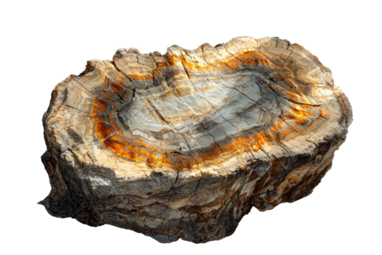Petrified wood cross-section showcasing vibrant orange and grey rings, a stunning example of fossilization. background removed