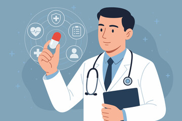 Medical doctor holding capsule pill with stethoscope and clipboard, healthcare icons on hologram interface, modern flat vector illustration, medicine research, diagnosis, treatment, health technology