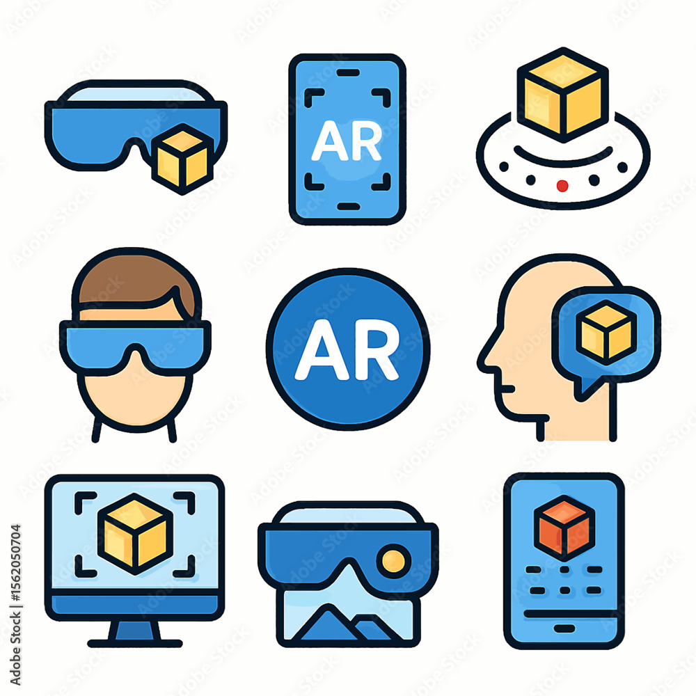 Poster augmented reality icons showcase virtual technologies and digital interaction concepts