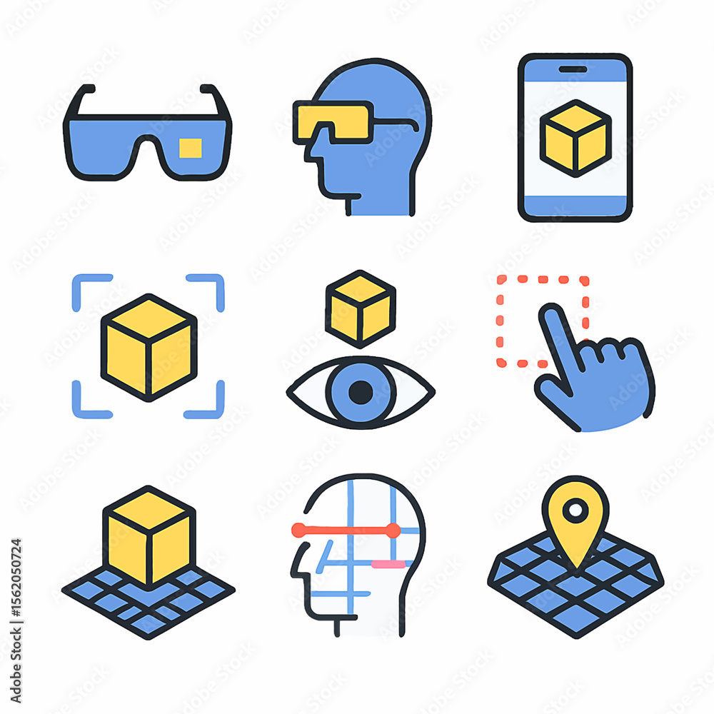 Poster augmented reality icons vector concept with cube and digital interface symbols