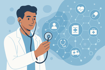 Medical doctor with stethoscope holding healthcare network icons. Digital medicine, telemedicine, health technology, pandemic awareness, patient treatment, AI healthcare innovation concept