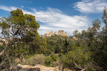 View of the Acropolis through branches of bush, Athens