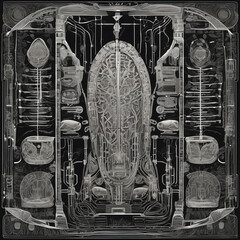 Linocut Style Digital Artifact Museum Art with MRI Scan Medium