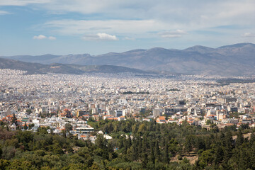 The panoramic view of Athens from a hill in sunny day