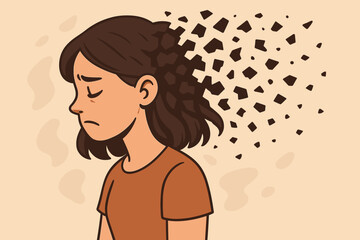 Mental health concept. Young woman with fragmented mind. Disintegrating head, breaking apart, memory loss, depression, anxiety, stress, psychological disorder. Vector cartoon illustration.