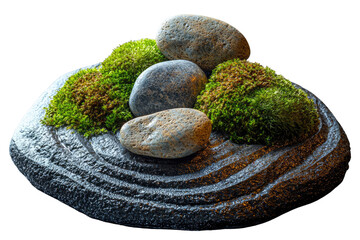 Zen garden miniature with smooth grey stones nestled in vibrant green moss on a dark, textured base. background removed