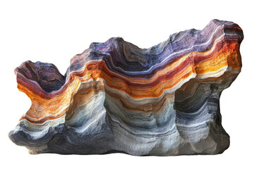 Striking layered rock formation with vibrant orange, purple, and gray hues, showcasing geological processes. background removed