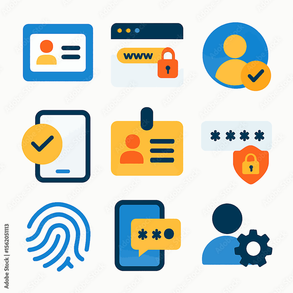 Poster authentication and security vector icons illustrating digital identity and access solutions
